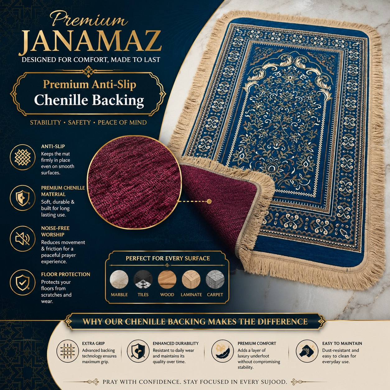 Al-Noor Cushioned Chenille Janamaz Prayer Mat