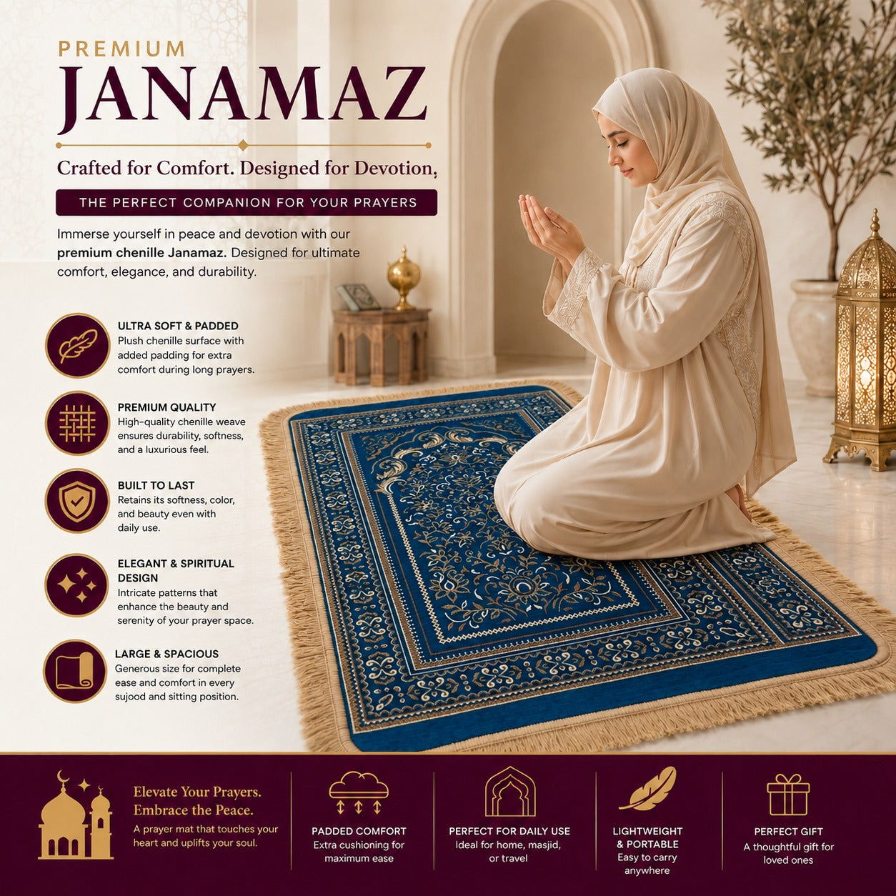 Al-Noor Cushioned Chenille Janamaz Prayer Mat