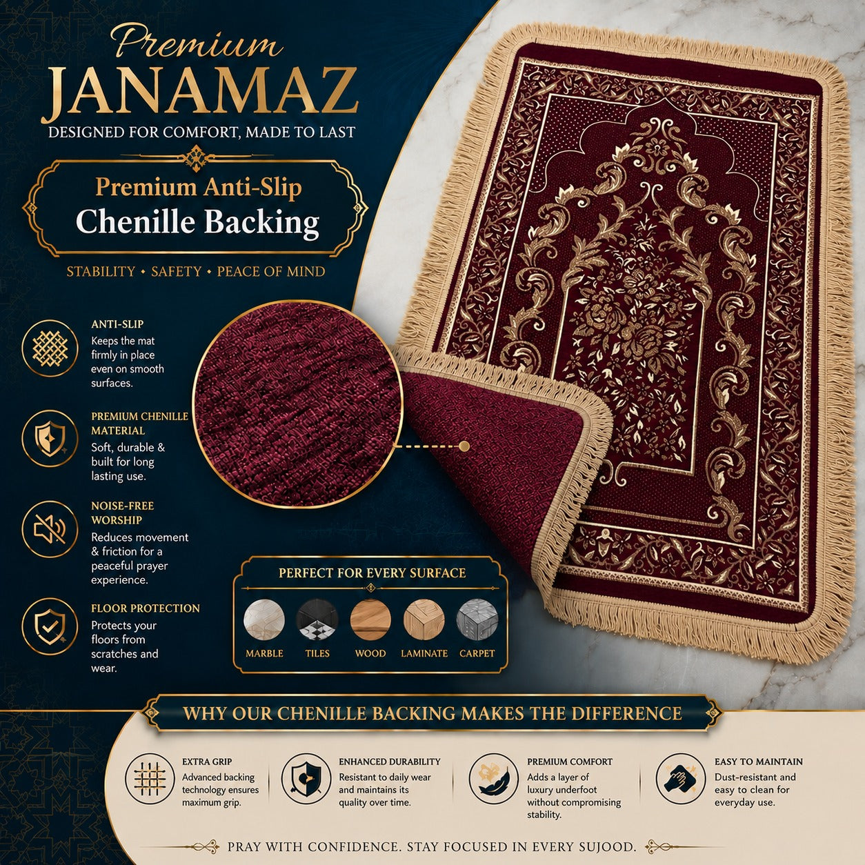 Al-Noor Cushioned Chenille Janamaz Prayer Mat