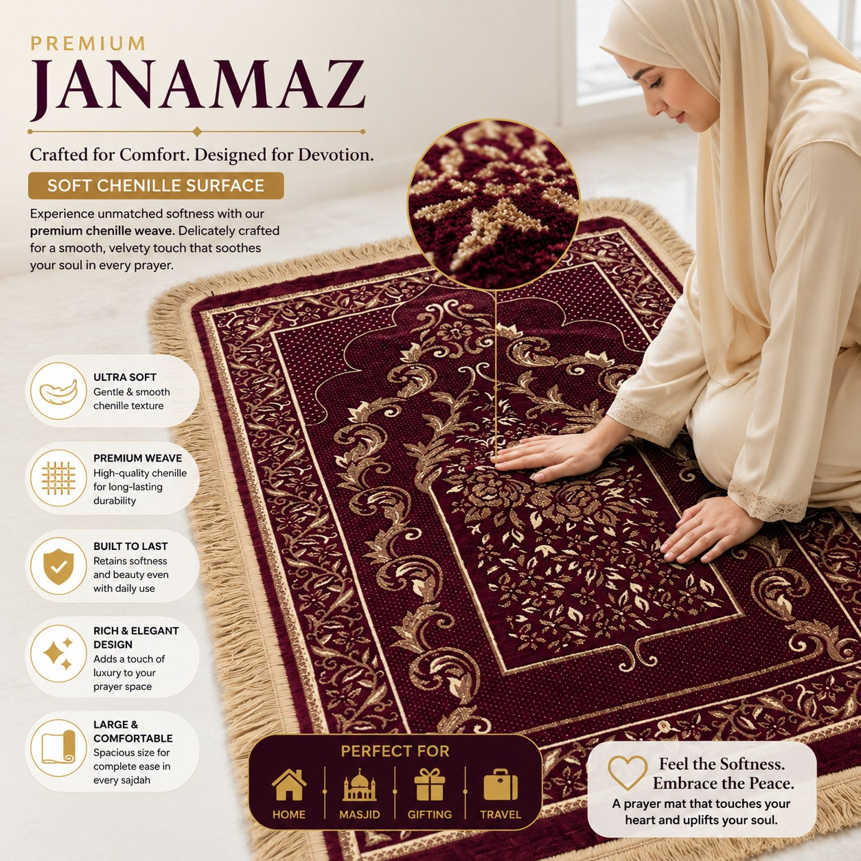 Al-Noor Cushioned Chenille Janamaz Prayer Mat