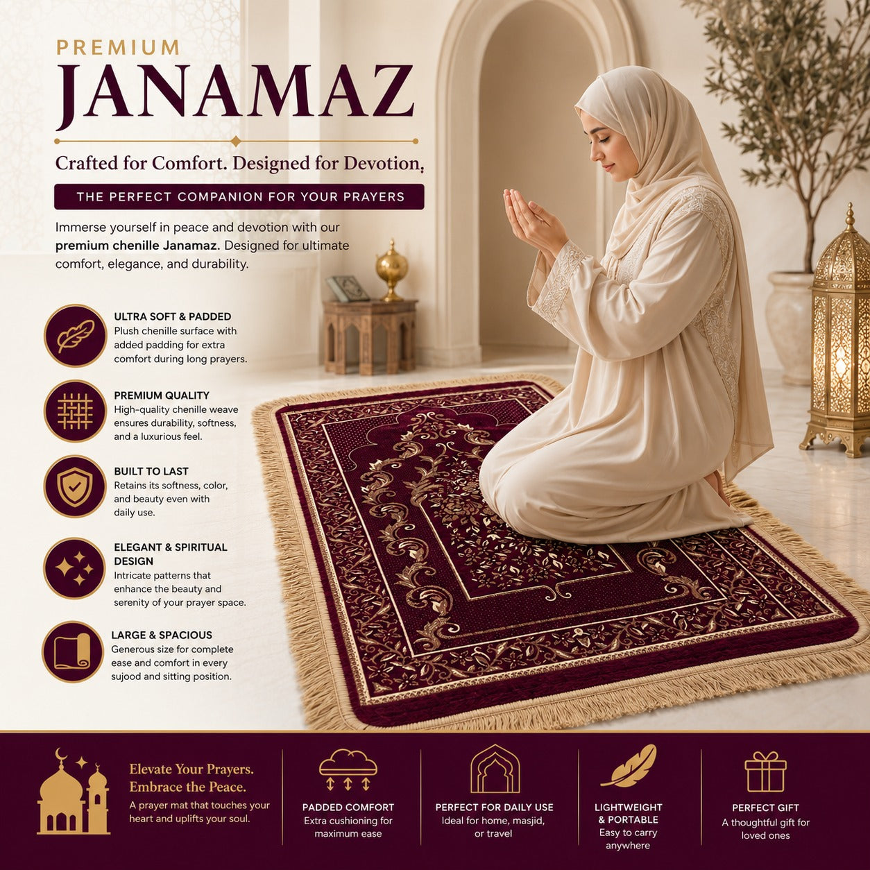 Al-Noor Cushioned Chenille Janamaz Prayer Mat