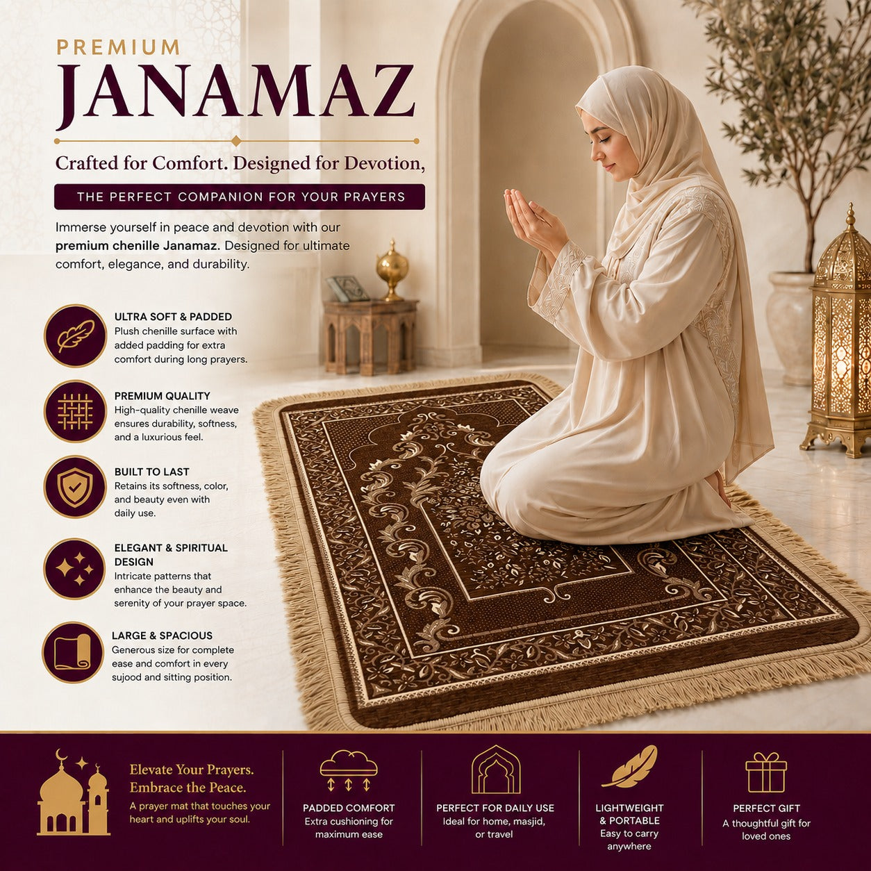Al-Noor Cushioned Chenille Janamaz Prayer Mat