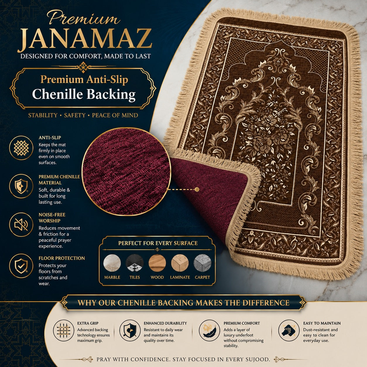 Al-Noor Cushioned Chenille Janamaz Prayer Mat