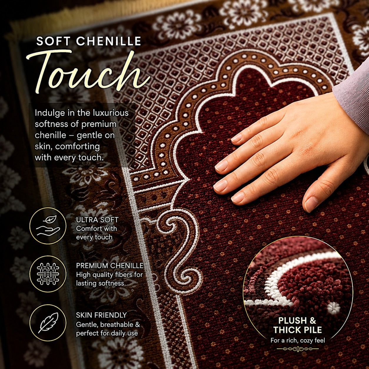 LAMNYAHOM Royal Cushioned Velvet Chenille Janamaz