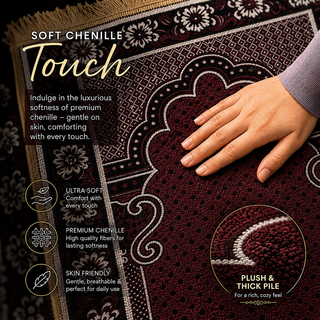 LAMNYAHOM Royal Cushioned Velvet Chenille Janamaz